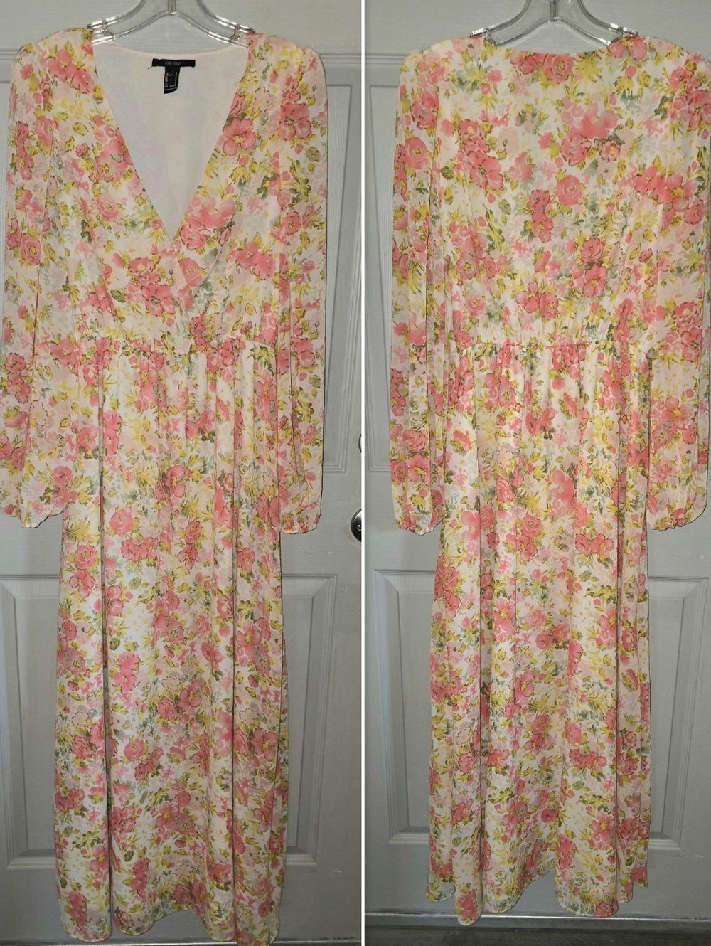 Forever 21 Boho Floral Puff Shoulder Semi Sheer Balloon Sleeve Maxi Dress Size L - Picture 2 of 7